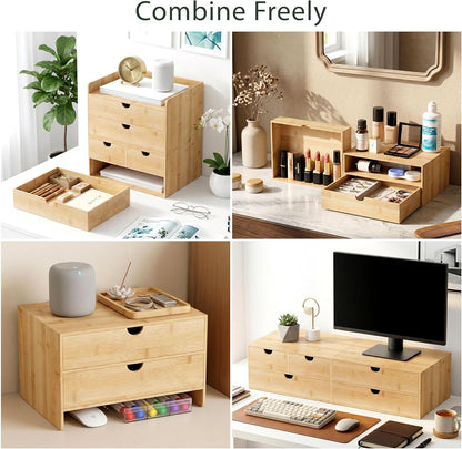 Desk Organizer with Drawers - Bamboo Desktop Organizer Storage | Wood Desk Drawers Organizer for Bills, Office Supplies, Cosmetics, Seals No Assembly Required (3 Drawer with Big Drawer)