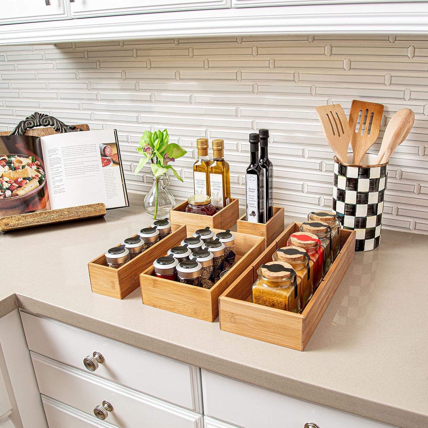Seville Classics Bamboo Premium Organizer Storage Bins for Kitchen Silverware, Pantry, Closet, Office Desk, Pens, Utensils, Makeup, K Cup, Bamboo, Bag Holder Bin Set (4 Piece)