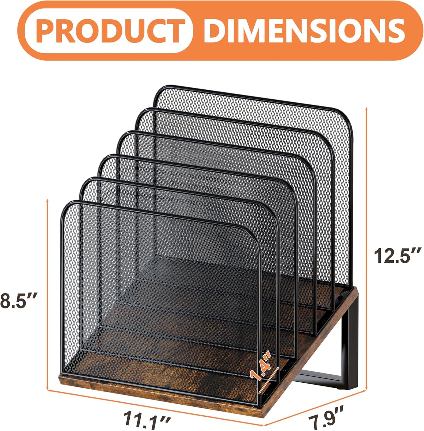 Piskyet Wooden Desk File Organizer, 5-Section Vertical File Folder Holder Stand,Metal Mail Paper Chromebook Organizer for Teacher Desk Office Classroom Desktop Organization（Inclined）