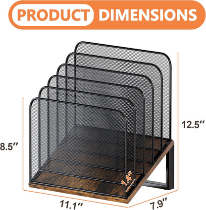 Piskyet Wooden Desk File Organizer, 5-Section Vertical File Folder Holder Stand,Metal Mail Paper Chromebook Organizer for Teacher Desk Office Classroom Desktop Organization（Inclined）