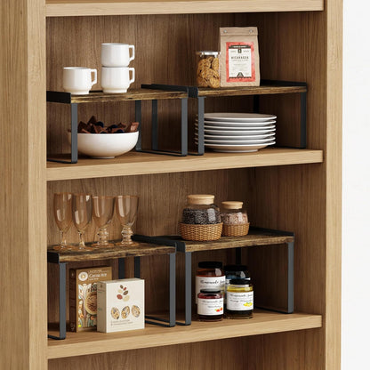 Goozii Kitchen Cabinet Organizer Shelf Set of 4, Large Stackable Pantry Cupboard Countertop Storage and Organizer, Desk Shelf Riser, Spice Plate Cup Expandable Storage Rack (Bamboo White)