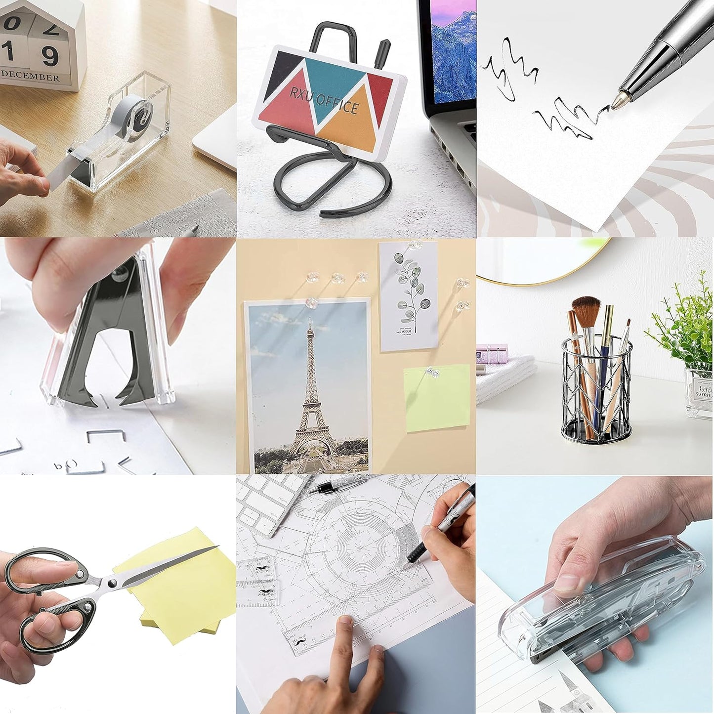 Office Desk Accessories, Acrylic Stapler, Staple Remover, Tape Holder, Pen Holder, Ballpoint Pen, Scissor, Binder Clips, 1000pcs Staples, Phone Holder, Ruler, Transparent Glue and 300 Notes