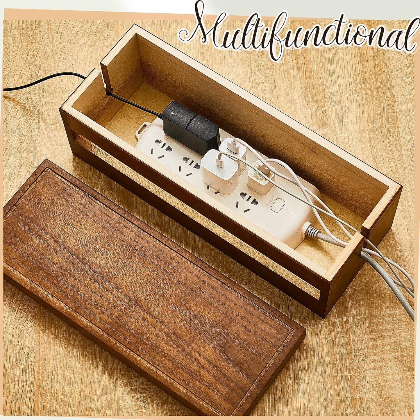 Hoteam 48 Pcs Wooden Cable Management Box Cable Organizer Box Set Power Strip Holder Cord Hider Clip Adhesive Management Ties Cord Sleeves for Desktop Home Office(Brown,Large)
