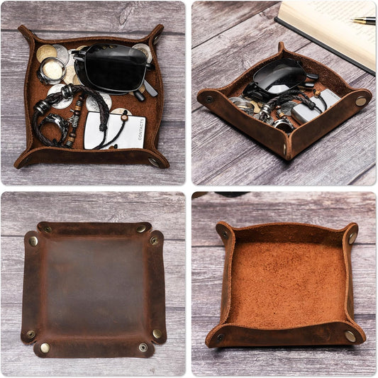 Top Grain Leather Desk Valet Tray Organizer for Man & Woman, Handmade Vintage Design, Foldable Design with Snap Buttons, Office Capacity Organizer Storage for Wallets/Watches/Keys/Coins, Coffee, Small