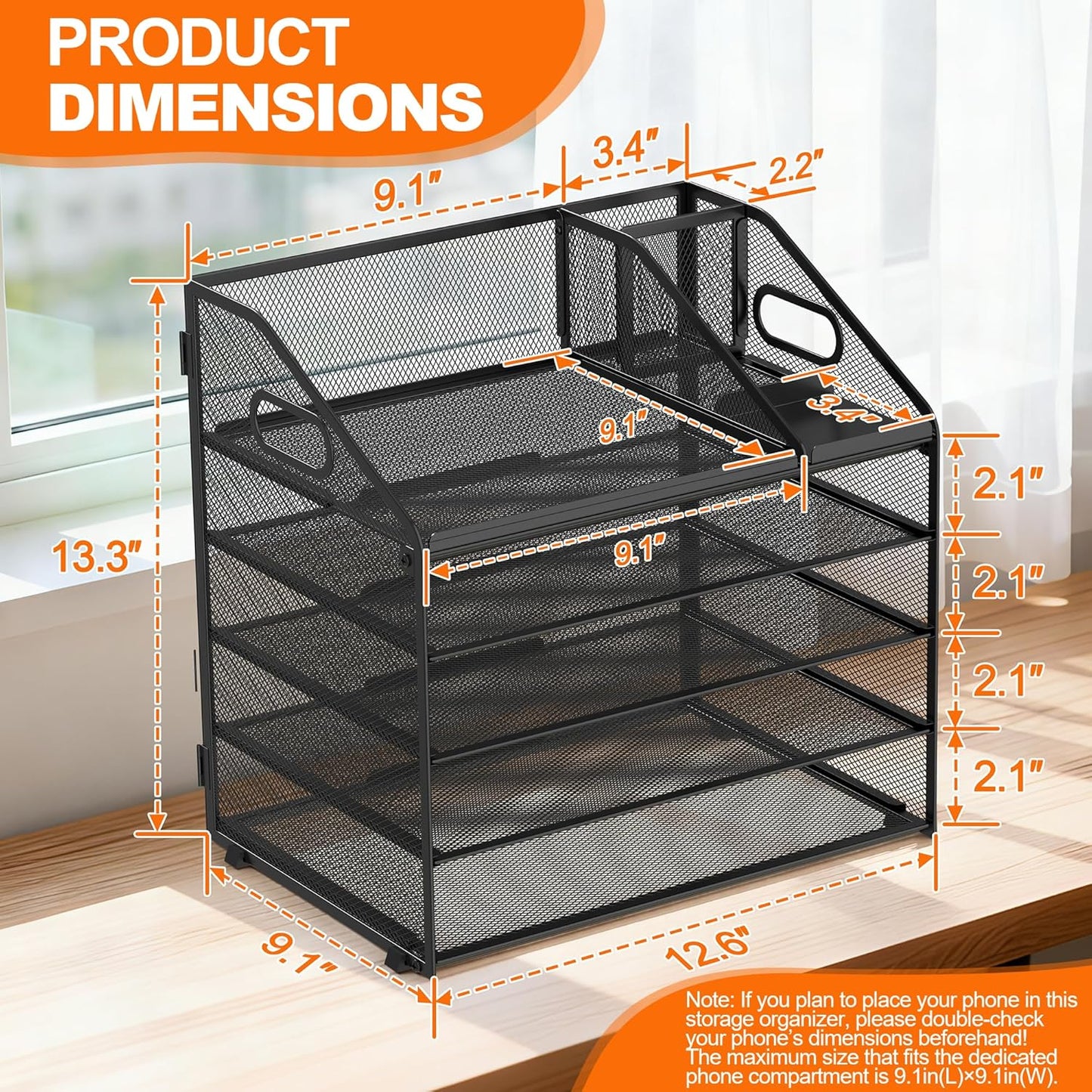 DocNest 4 Tier Metal Mesh Letter Tray - Space Saving Desk File Organizer with Handle, Pen Holder & Folder Holder - Desktop Document Sorter for Office, Home, School, Classroom - Black