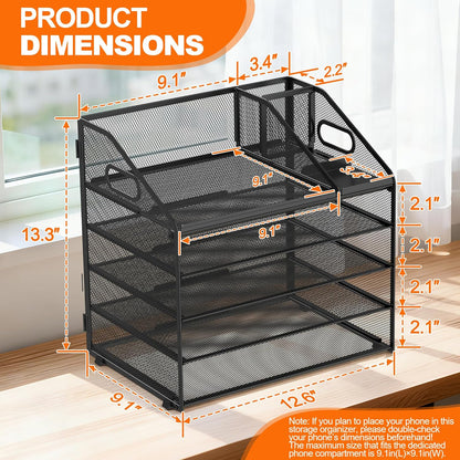 DocNest 4 Tier Metal Mesh Letter Tray - Space Saving Desk File Organizer with Handle, Pen Holder & Folder Holder - Desktop Document Sorter for Office, Home, School, Classroom - Black