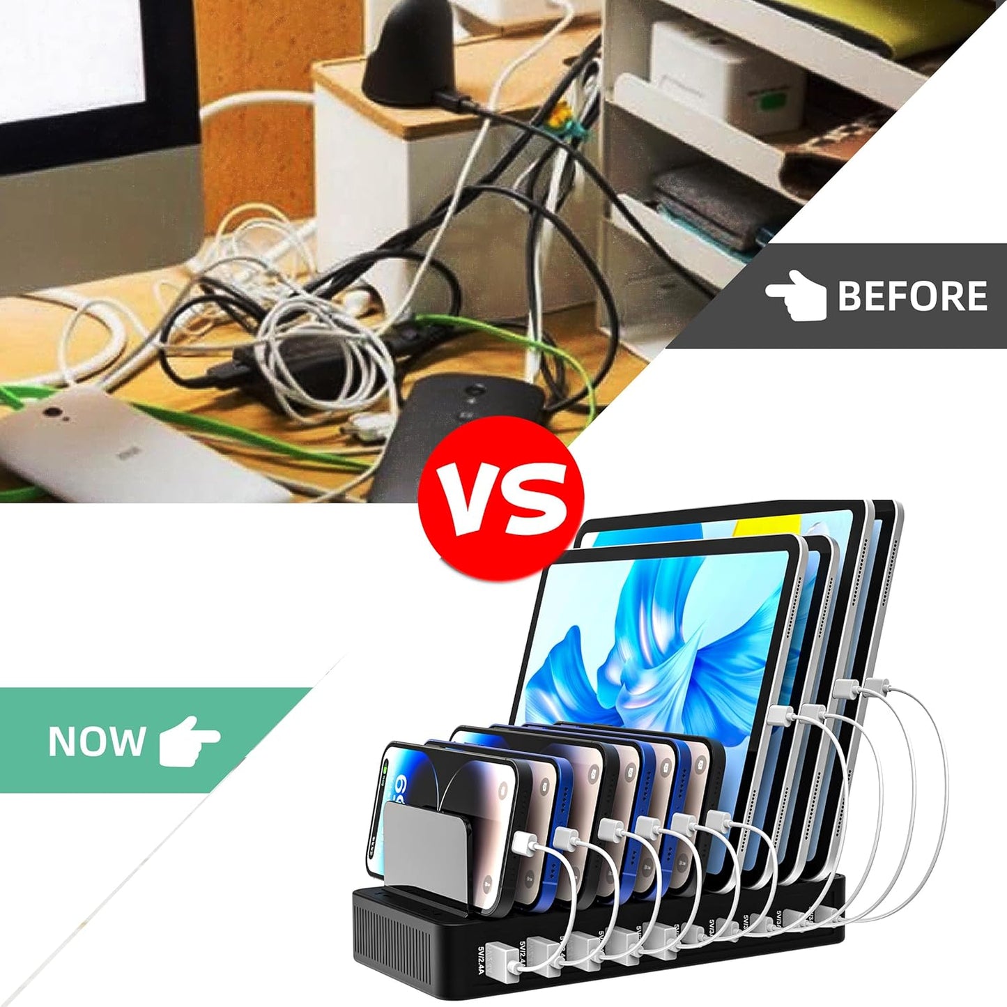 100W 10-Port Smart Charging Station | 5 USB-A & 5 USB-C Ports | Organized Design for Cellphones, Tablets, Watches & More (Black)