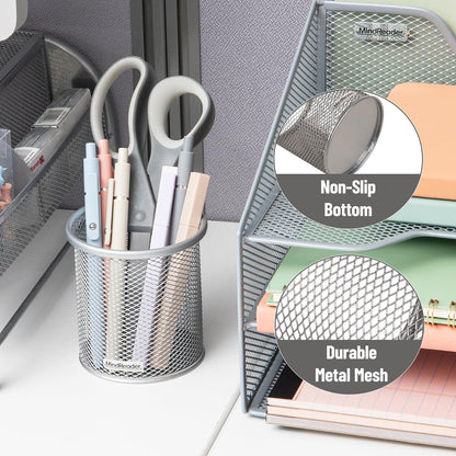 Mind Reader Pen and Accessories Holder, Desktop Organizer, Office, Metal Mesh, 3.5"L x 3.5"W x 3.75"H, Set of 3, Black