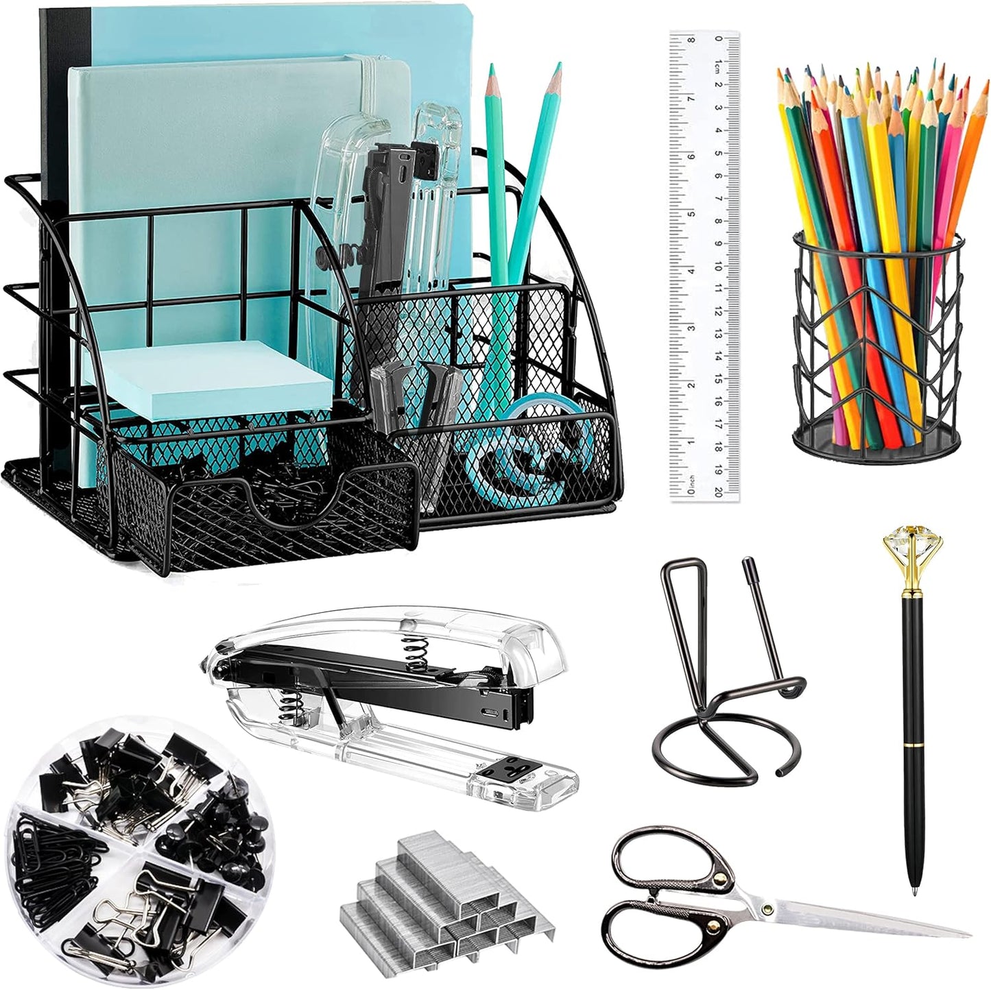 KAAKOW Gold Desk Organizers and Accessories Office Supplies Set Stapler, Pen Holder, Phone Holder, Scissors, Pen, Ruler, 30 Paper Clips, 22 Binder Clip, 20 Tacks and 1000pcs Staples (Gold)