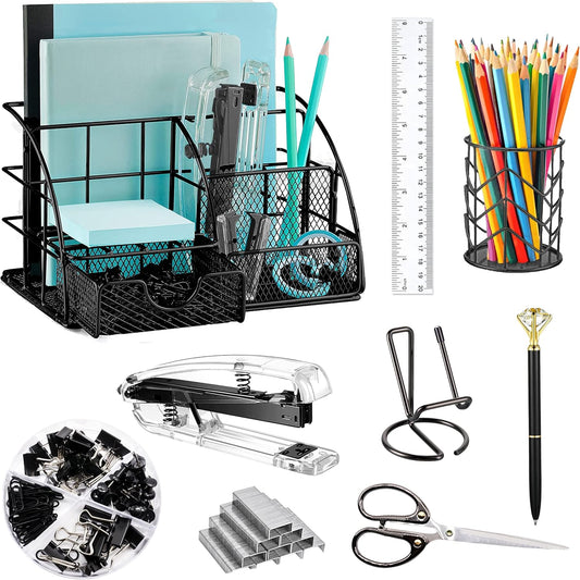 KAAKOW Gold Desk Organizers and Accessories Office Supplies Set Stapler, Pen Holder, Phone Holder, Scissors, Pen, Ruler, 30 Paper Clips, 22 Binder Clip, 20 Tacks and 1000pcs Staples (Gold)