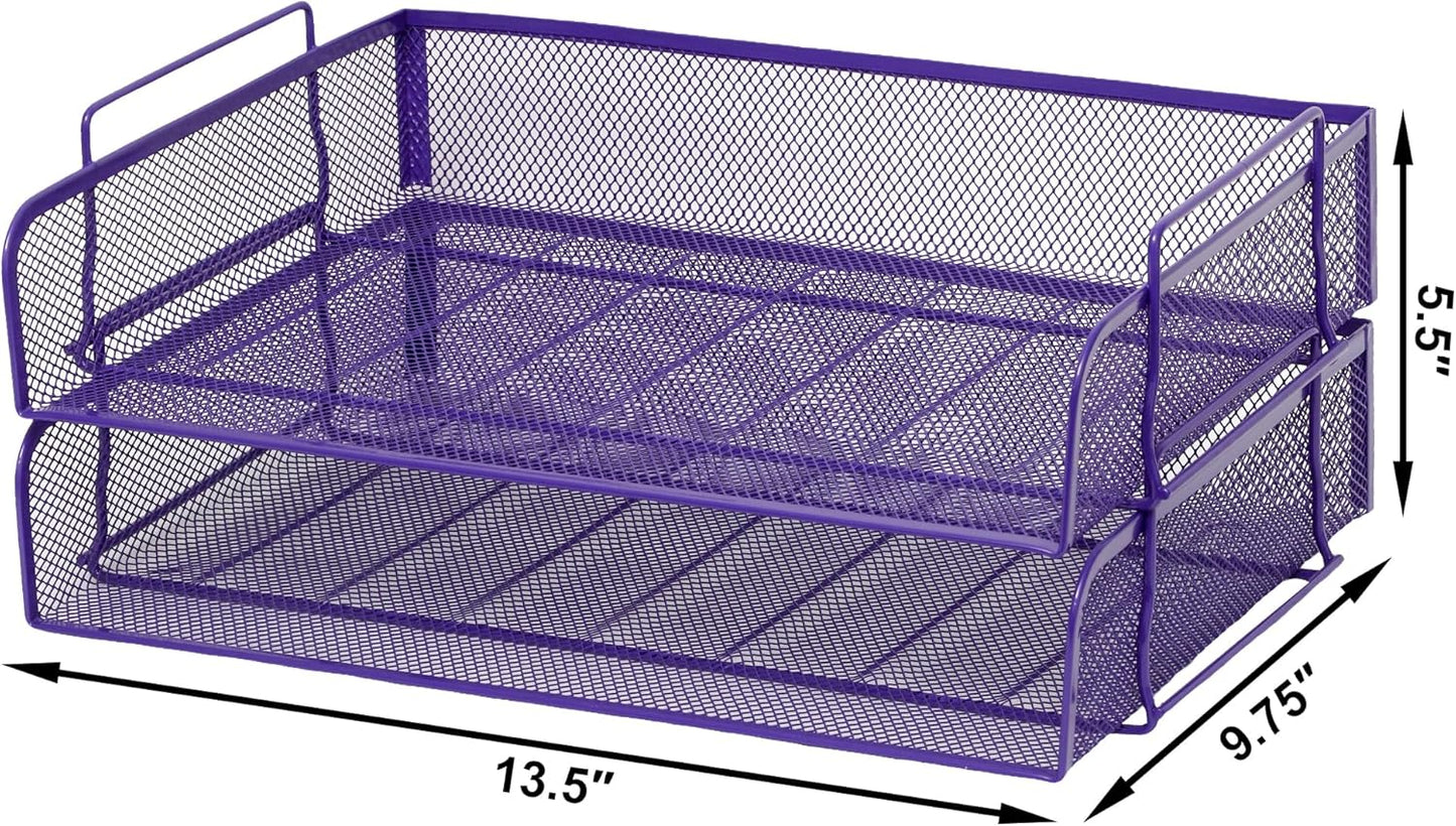 EASEPRES 2 Pack Stackable Desk Paper Tray, Metal Mesh Desktop Document Letter File Organizer for Office Home School, 13.5'' L x 9.75'' W x 5.5'' H, White