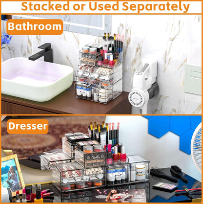 Cq acrylic Make Up Organizers for Vanity With 14 Drawers, 4 Pack Clear Drawer Organizers,Plastic Cute Desk Accessories Organization and Bathroom Organizers Storage Case Box Cube for Beauty,Skin Care