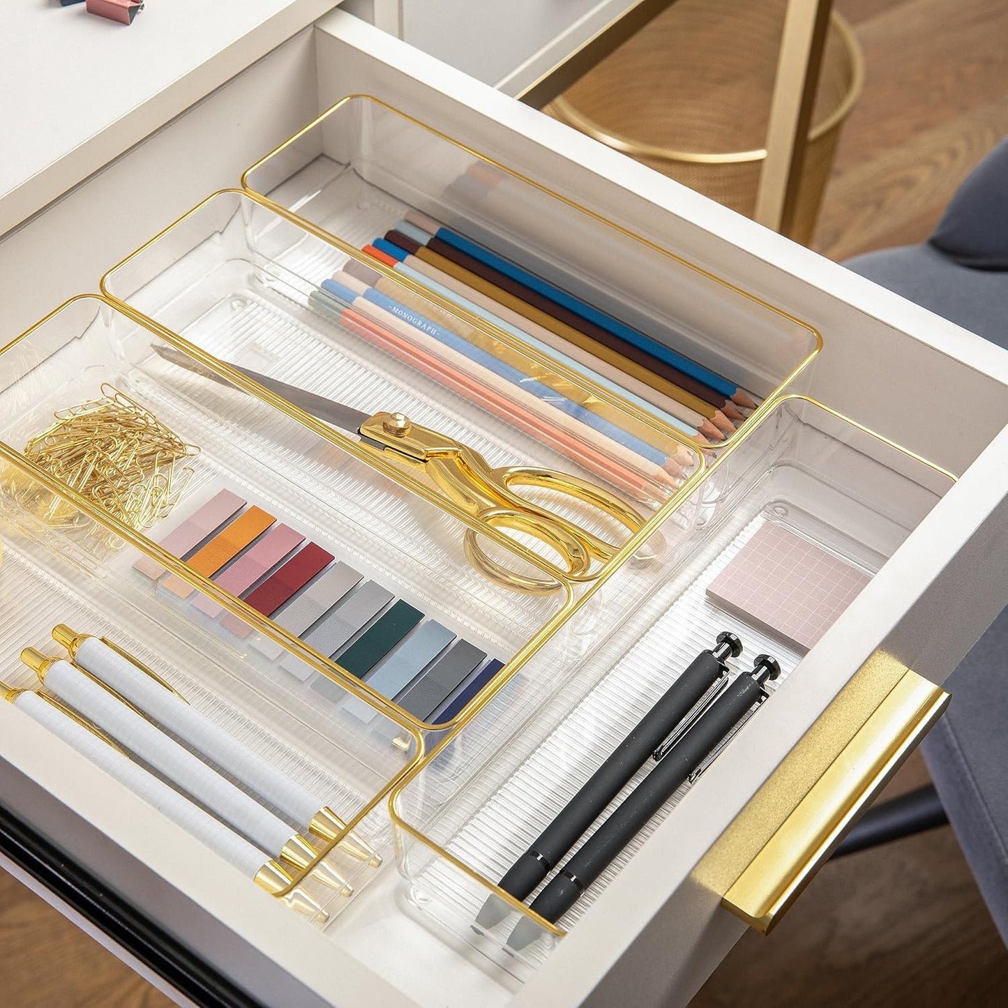 Martha Stewart Kerry Plastic Stackable Office Desk Drawer Organizers, 6" x 3", 6 Pack, with Gold Trim