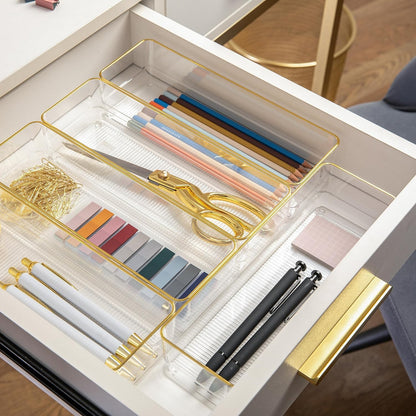 Martha Stewart Kerry Plastic Stackable Office Desk Drawer Organizers, 6" x 3", 6 Pack, with Gold Trim