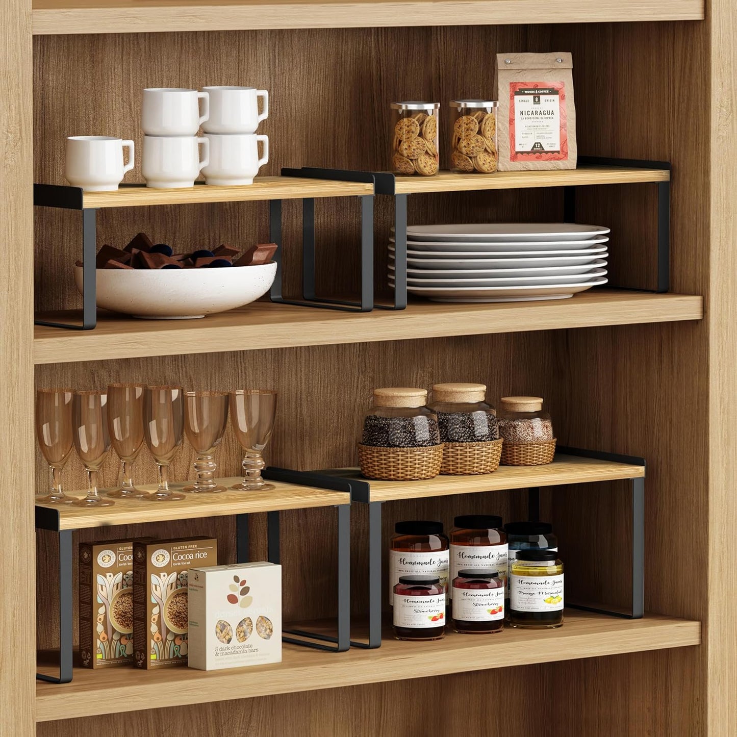 Goozii Kitchen Cabinet Organizer Shelf Set of 4, Large Stackable Pantry Cupboard Countertop Storage and Organizer, Desk Shelf Riser, Spice Plate Cup Expandable Storage Rack (Bamboo White)