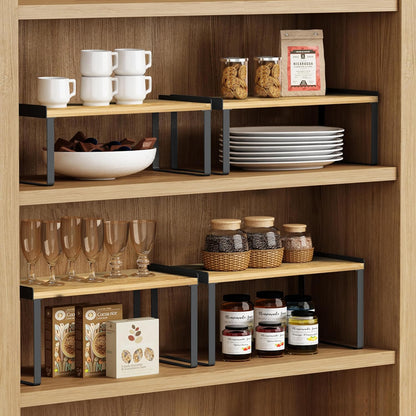 Goozii Kitchen Cabinet Organizer Shelf Set of 4, Large Stackable Pantry Cupboard Countertop Storage and Organizer, Desk Shelf Riser, Spice Plate Cup Expandable Storage Rack (Bamboo White)