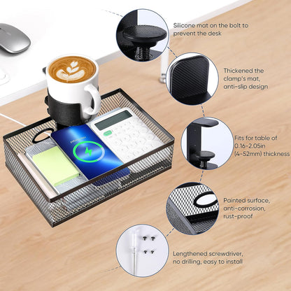 360 Rotating Under Desk Drawer Organizer with Cup Holder Clamp On Desk Drawer No Drilling Table Management Tray Anti-Slip Swivel Pencil Drawer Under Table Storage Easy Install for Home Office
