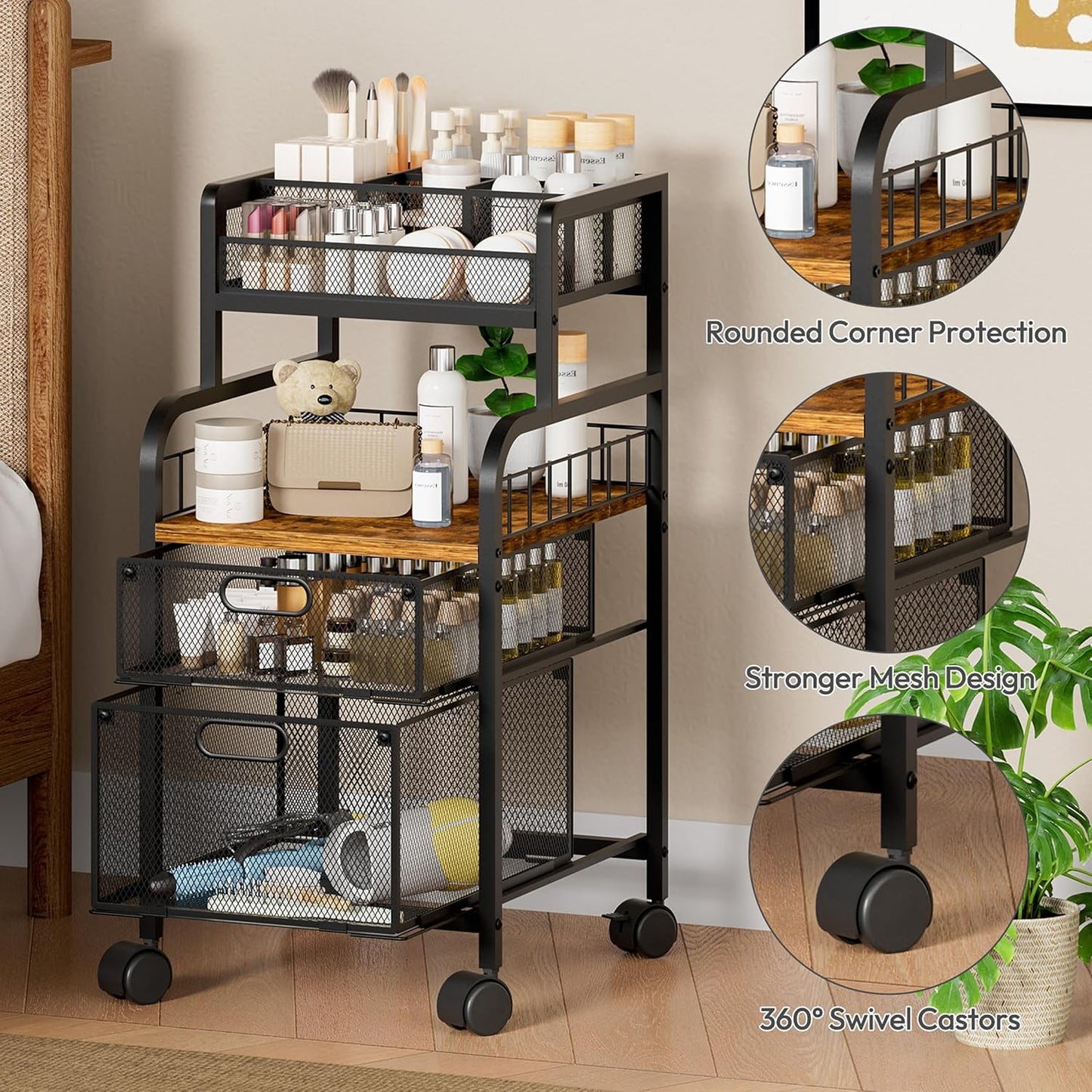 SWTYMIKI Rolling Cart with Drawers - Metal Utility Cart with Wood Shelf, DIY Divider and Locking Wheels, Craft & Art Cart Organizer for Under Desk Storage for Home Office Studio, Espresso