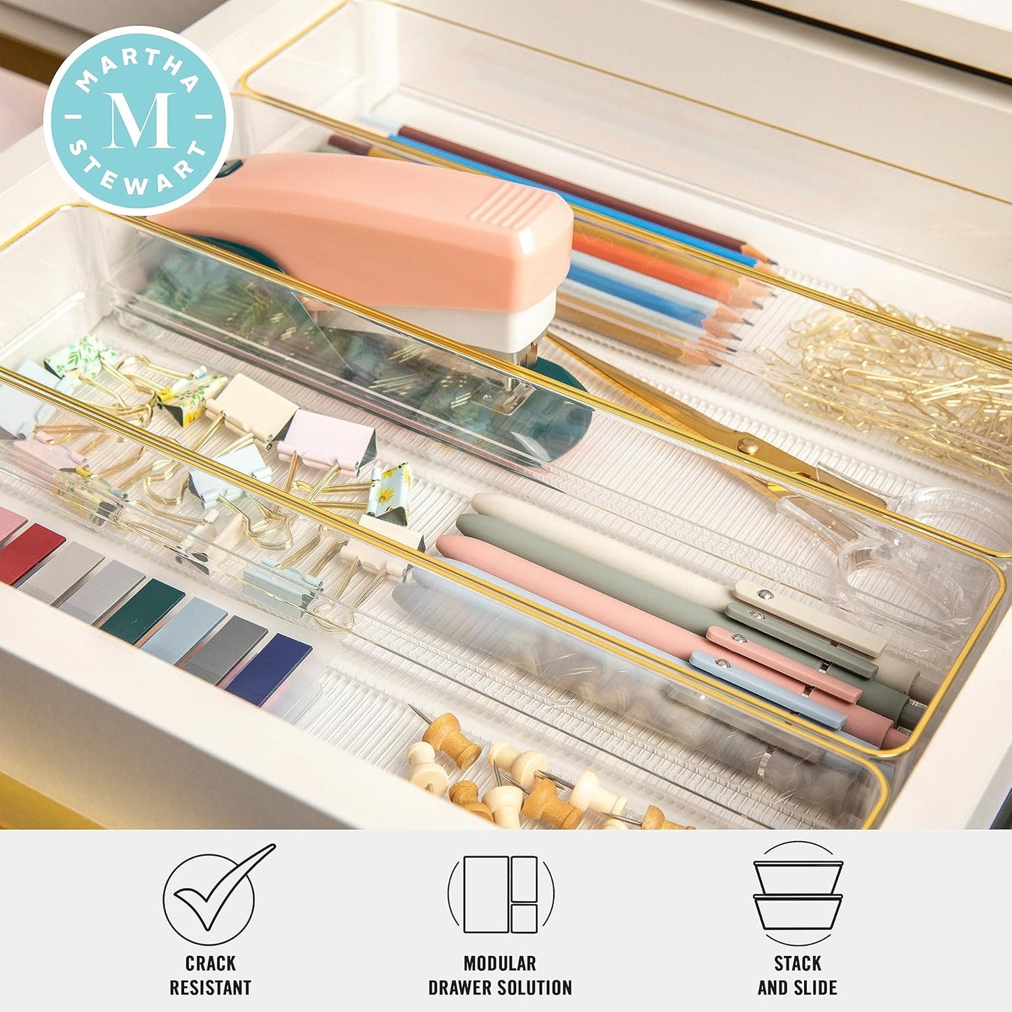 Martha Stewart Kerry Plastic Stackable Office Desk Drawer Organizers, 6" x 3", 6 Pack, with Gold Trim