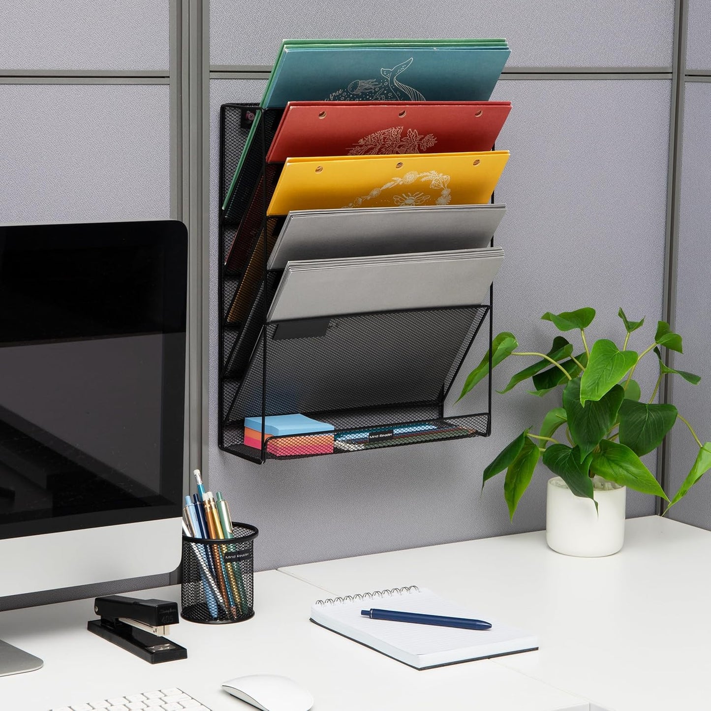 Mind Reader 5-Pocket Vertical File Storage, Desktop Organizer, Wall Mount, Office, Metal Mesh, Pink