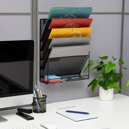 Mind Reader 5-Pocket Vertical File Storage, Desktop Organizer, Wall Mount, Office, Metal Mesh, Pink