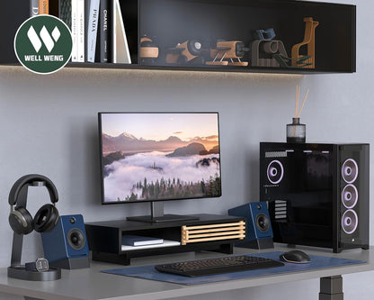 Monitor Stand Riser with Sliding Door, Computer Laptop Stand Desk Shelf Organizer with Storage (Natural Bamboo, 25 Inch)