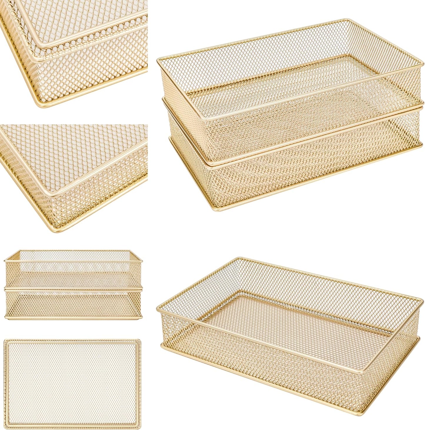 Annova Stackable Mesh Drawer Cabinet and Shelf Organizer Bins Storage Basket School Office Supply Holder Tray- Set of 2 (Gold, 3x3x2 Inch)