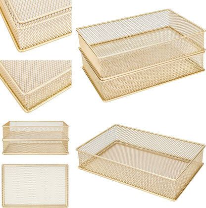 Annova Stackable Mesh Drawer Cabinet and Shelf Organizer Bins Storage Basket School Office Supply Holder Tray- Set of 2 (Gold, 3x3x2 Inch)
