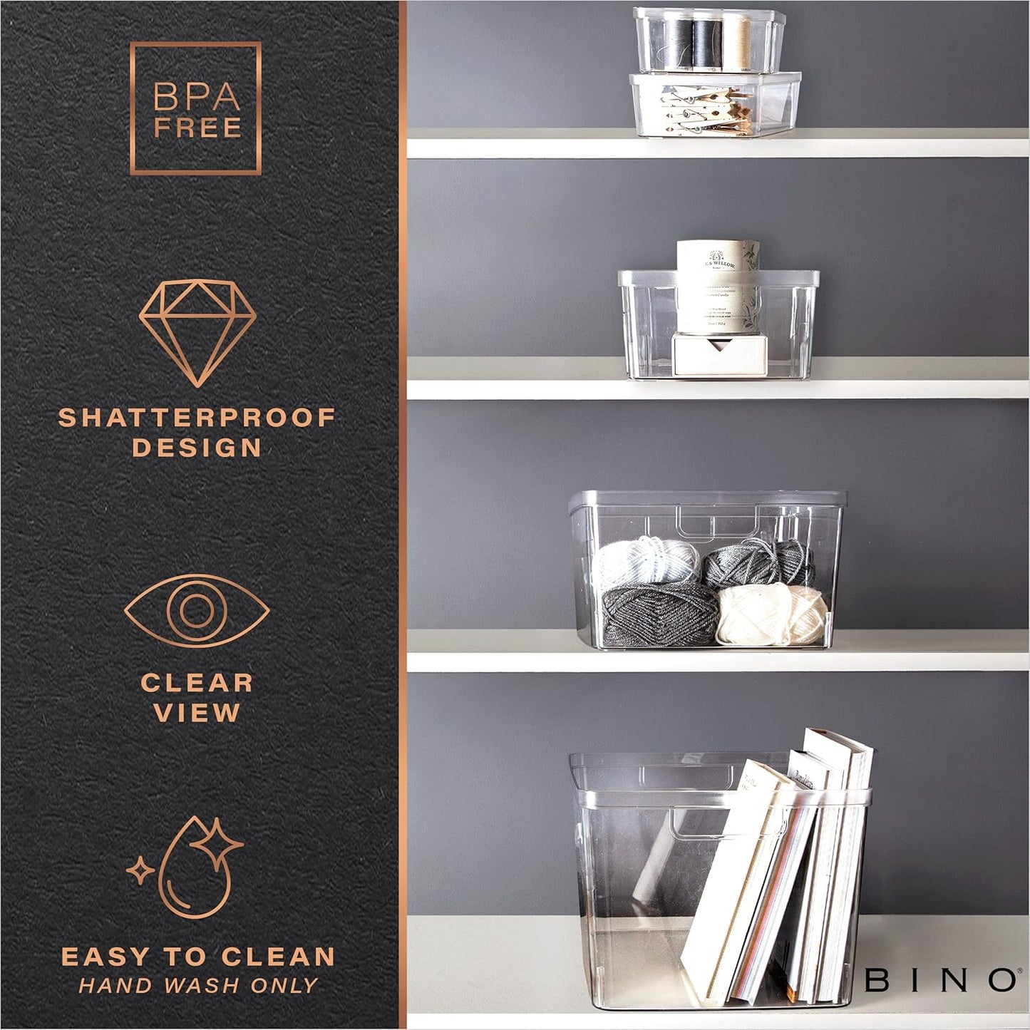 BINO | Plastic Storage Bins, X-Small - 5 Pack | THE LUCID COLLECTION | Multi-Use Built-In Handles BPA-Free Clear Storage Containers | Fridge Organizer | Pantry & Home Organization