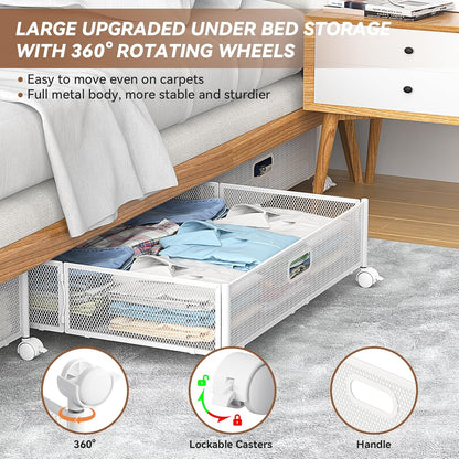 PHINOX Under Bed Storage Containers with Wheels, Under Bed Shoe Storage Organizer Drawer, Tool-free Assembly Metal Storage Containers for Bedroom Clothes Shoes Blankets -2PCK
