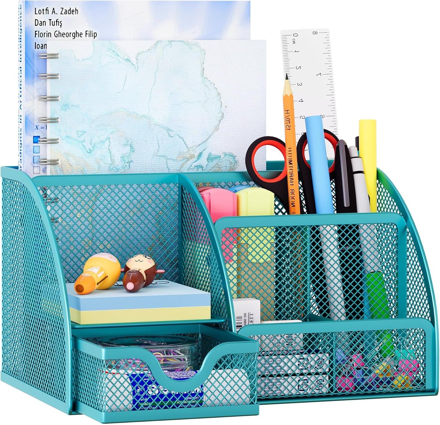 EasyPAG Mesh Desk Organizer with Drawer Multi-functional Pen Holder Stationery Organizer for Office School Supplies 6 Compartments Dorm Organizers and Storage for Desk, Black
