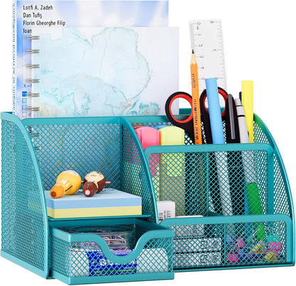 EasyPAG Mesh Desk Organizer with Drawer Multi-functional Pen Holder Stationery Organizer for Office School Supplies 6 Compartments Dorm Organizers and Storage for Desk, Black