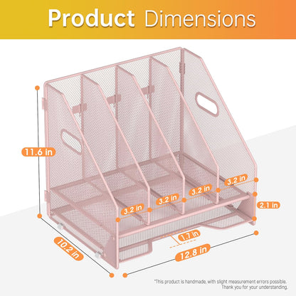 Docnest Desk File Holder Sorter, 4 Vertical Compartments Rack with Letter Tray, Mesh Magazine File Holder with Handle,Workspace Organizers,Desk Organizers for Paper, Mail, Documents-Black
