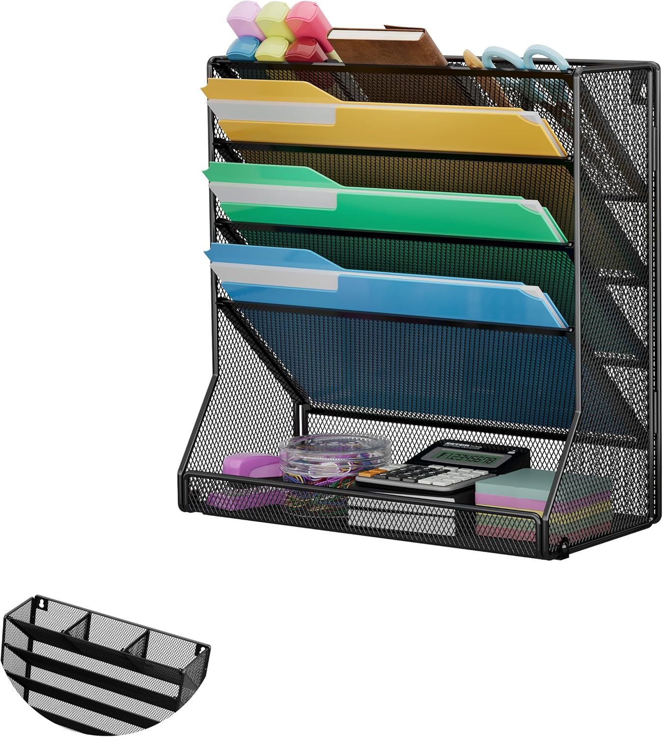 Jakyitvi File Organizer Wall Mounted, 4 Tiers Durable Adjustable Metal Desk Organizer, Desktop Hanging File Holder with 4 Pen Slots Stable, 4 Pull-Out Divider for File, Mail, Black, Patent Pending