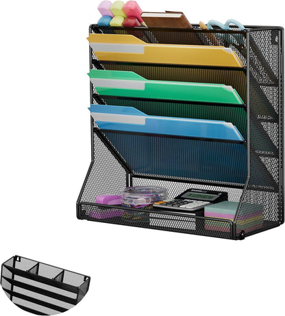 Jakyitvi File Organizer Wall Mounted, 4 Tiers Durable Adjustable Metal Desk Organizer, Desktop Hanging File Holder with 4 Pen Slots Stable, 4 Pull-Out Divider for File, Mail, Black, Patent Pending