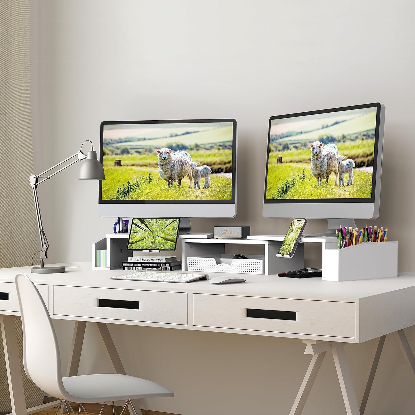 Simple Houseware Desk Dual Monitor Stand Riser with Drawer, Black