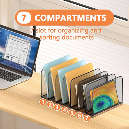 Piskyet Wooden Desk File Organizer, 5-Section Vertical File Folder Holder Stand,Metal Mail Paper Chromebook Organizer for Teacher Desk Office Classroom Desktop Organization