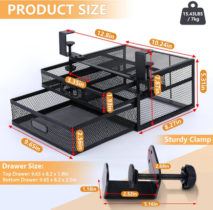 Sliding Under Desk Drawer Organizer No Drilling 2 Drawers Slide Out Desktop Or Under Table Storage Metal Clamp On Desk Drawer Attachment Anti-Slip Desktop Organizer for Home & Office, White