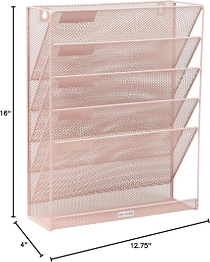 Mind Reader 5-Pocket Vertical File Storage, Desktop Organizer, Wall Mount, Office, Metal Mesh, Pink