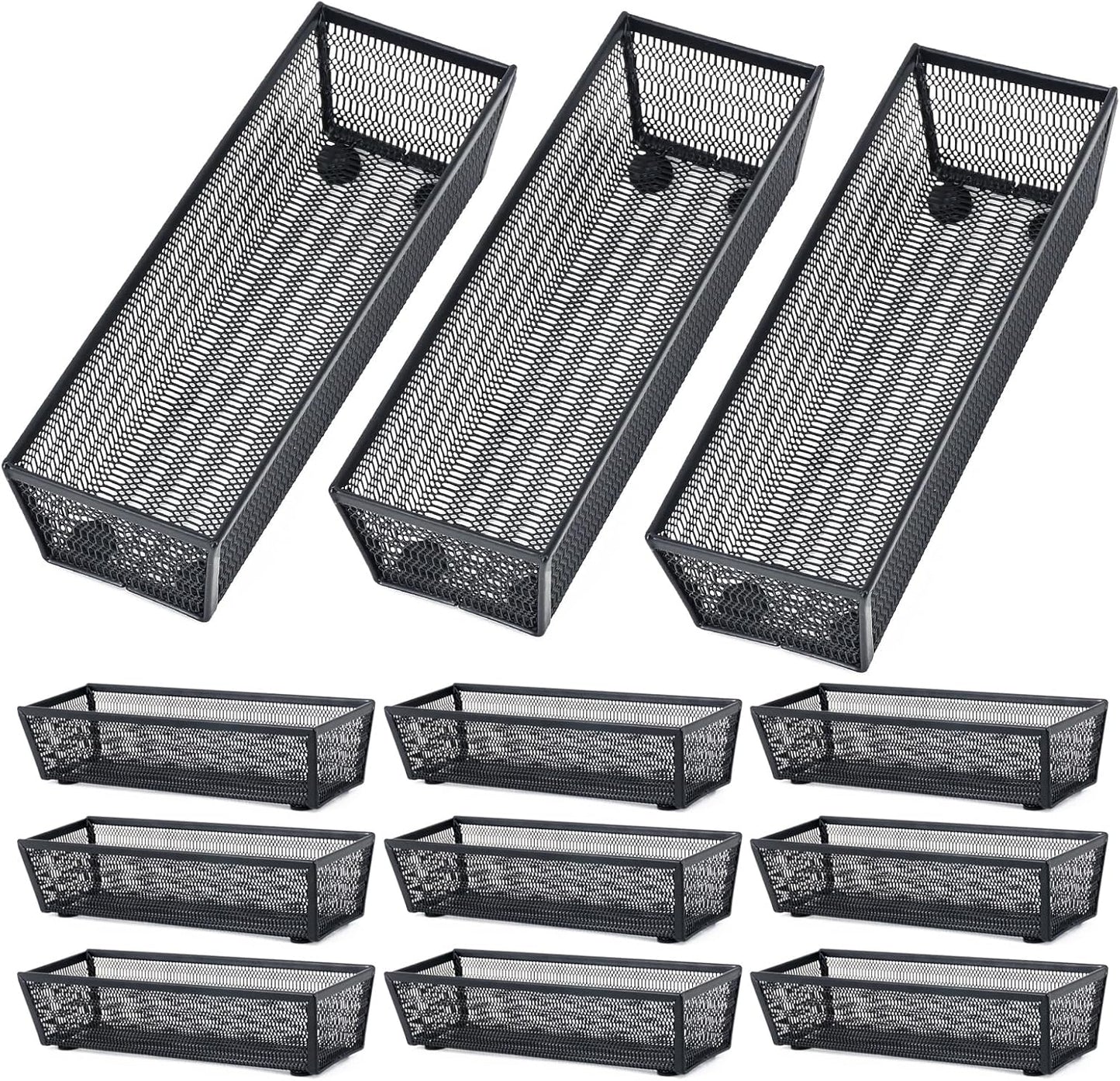 Neudeco Drawer Organizer Set 6 Pack - 5-Compartment Silverware Organizer Tray + 5 Utensil Trays, Kitchen Drawer Organizer for Flatware, Cutlery, Office Supplies, Black Mesh, Non-Slip.
