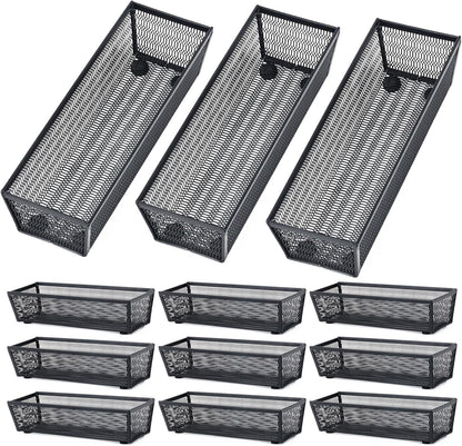 Neudeco Drawer Organizer Set 6 Pack - 5-Compartment Silverware Organizer Tray + 5 Utensil Trays, Kitchen Drawer Organizer for Flatware, Cutlery, Office Supplies, Black Mesh, Non-Slip.
