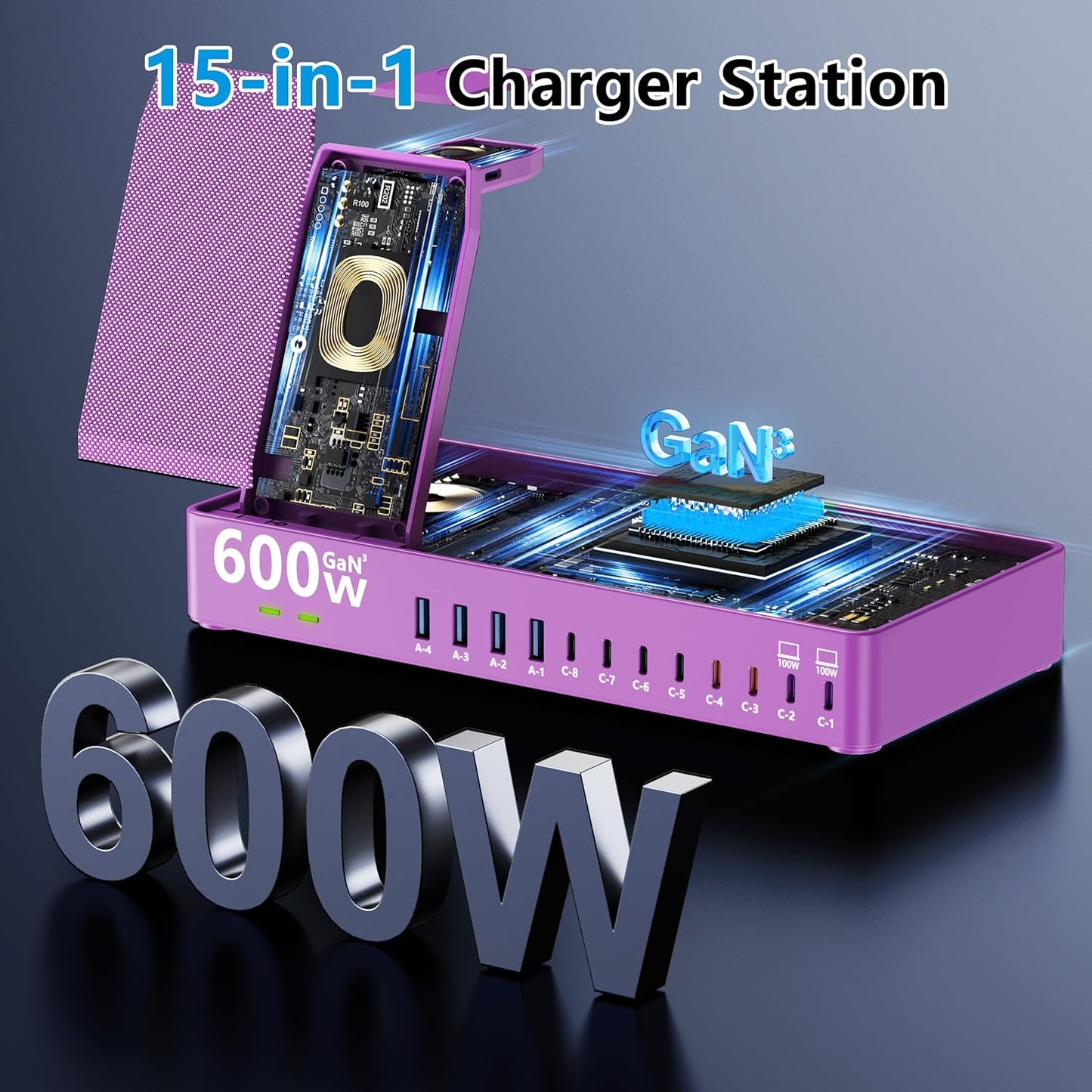 600w Charging Station for Multiple Devices, 15 in 1 Wireless Charging Station for Apple, Dual 100w USB C Tablet Charging Station for MacBook,iPhone,iPad,Tablet(Black)