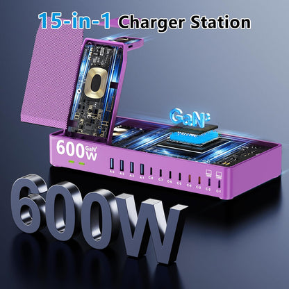 600w Charging Station for Multiple Devices, 15 in 1 Wireless Charging Station for Apple, Dual 100w USB C Tablet Charging Station for MacBook,iPhone,iPad,Tablet(Black)