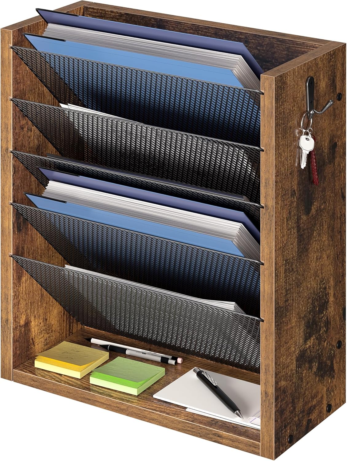 Creso hom Mail Organizer Wall Mounted, 6-Tier Wall File Organizer with 2 Hooks, Wooden Desk Organizer Magazine Holder with Bottom Flat Tray, for Office Home, Rustic Brown