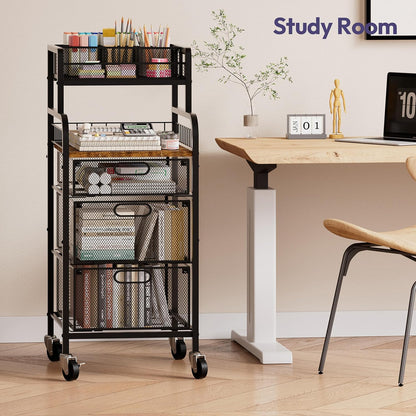 SWTYMIKI Rolling Cart with Drawers - Metal Utility Cart with Wood Shelf, DIY Divider and Locking Wheels, Craft & Art Cart Organizer for Under Desk Storage for Home Office Studio, Espresso