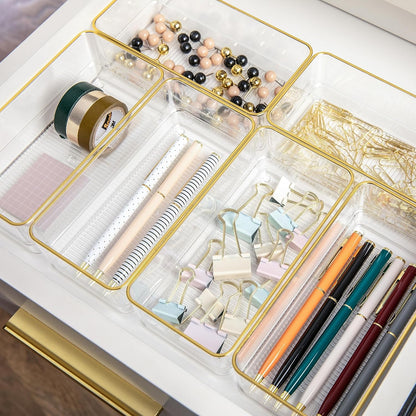 Martha Stewart Kerry Plastic Stackable Office Desk Drawer Organizers, 6" x 3", 6 Pack, with Gold Trim