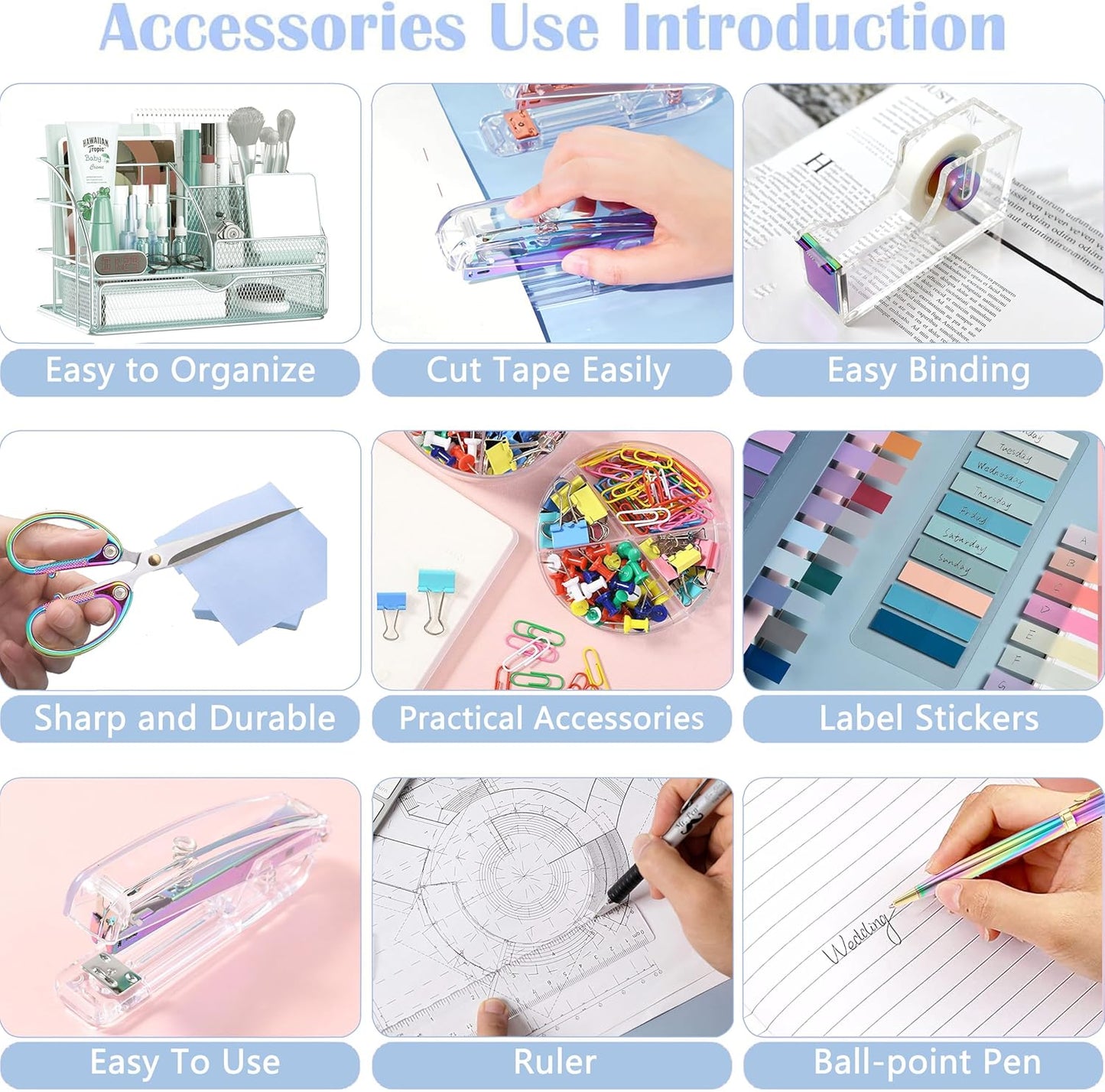 Purple Desk Organizers and Accessories, Purple Office Supplies with Mesh Desk Organizer, Acrylic Tape Dispenser and Stapler, Staples, Ballpoint Pen, Clips Set, Ruler, Scissor, Sticky Labels