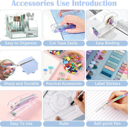Purple Desk Organizers and Accessories, Purple Office Supplies with Mesh Desk Organizer, Acrylic Tape Dispenser and Stapler, Staples, Ballpoint Pen, Clips Set, Ruler, Scissor, Sticky Labels