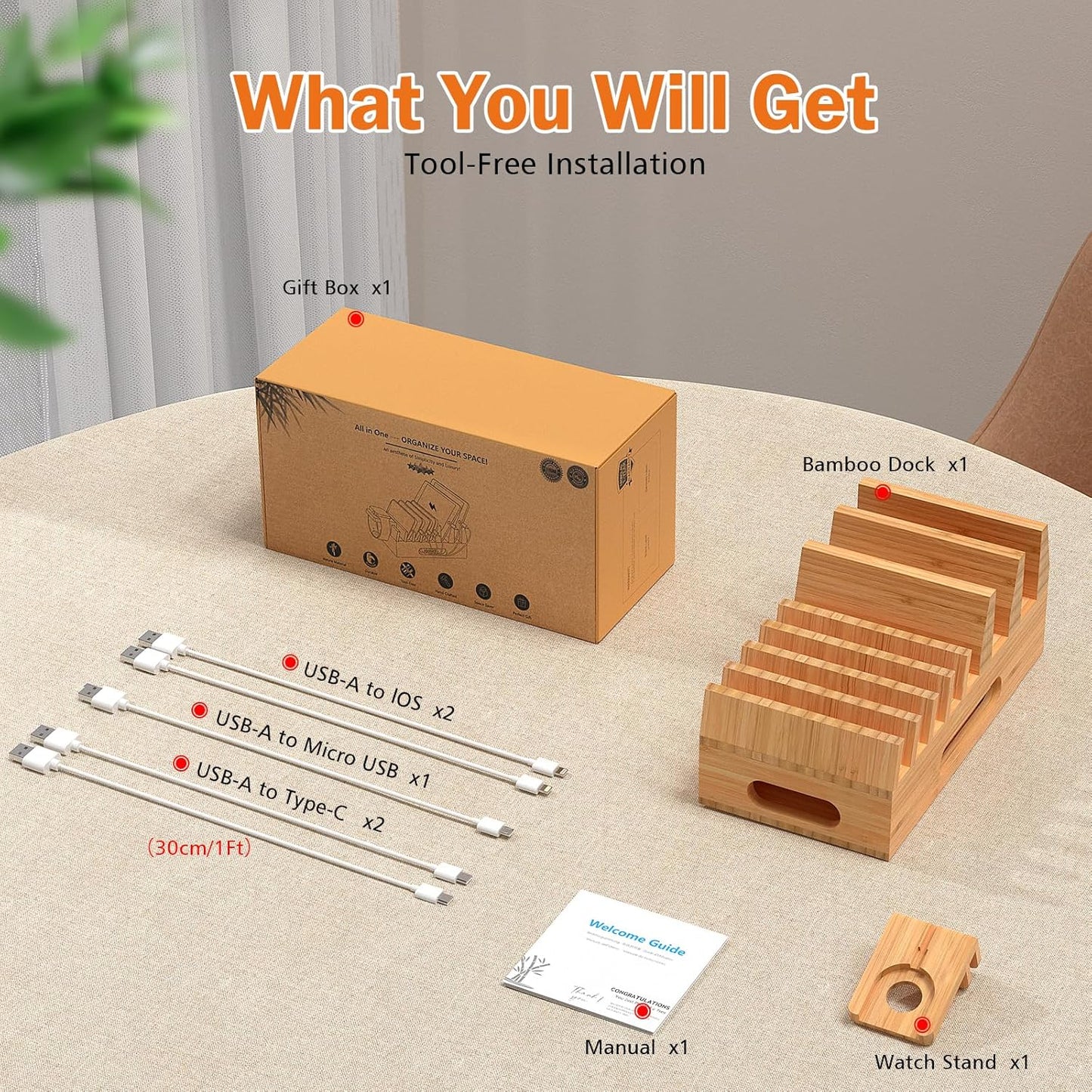 Pezin & Hulin Bamboo Charging Station Organizer for Multiple Devices & Wood Desktop Docking Charging Stand Such As Cell Phone, Tablets, Phone Case and Watch Stand(No USB Charger)