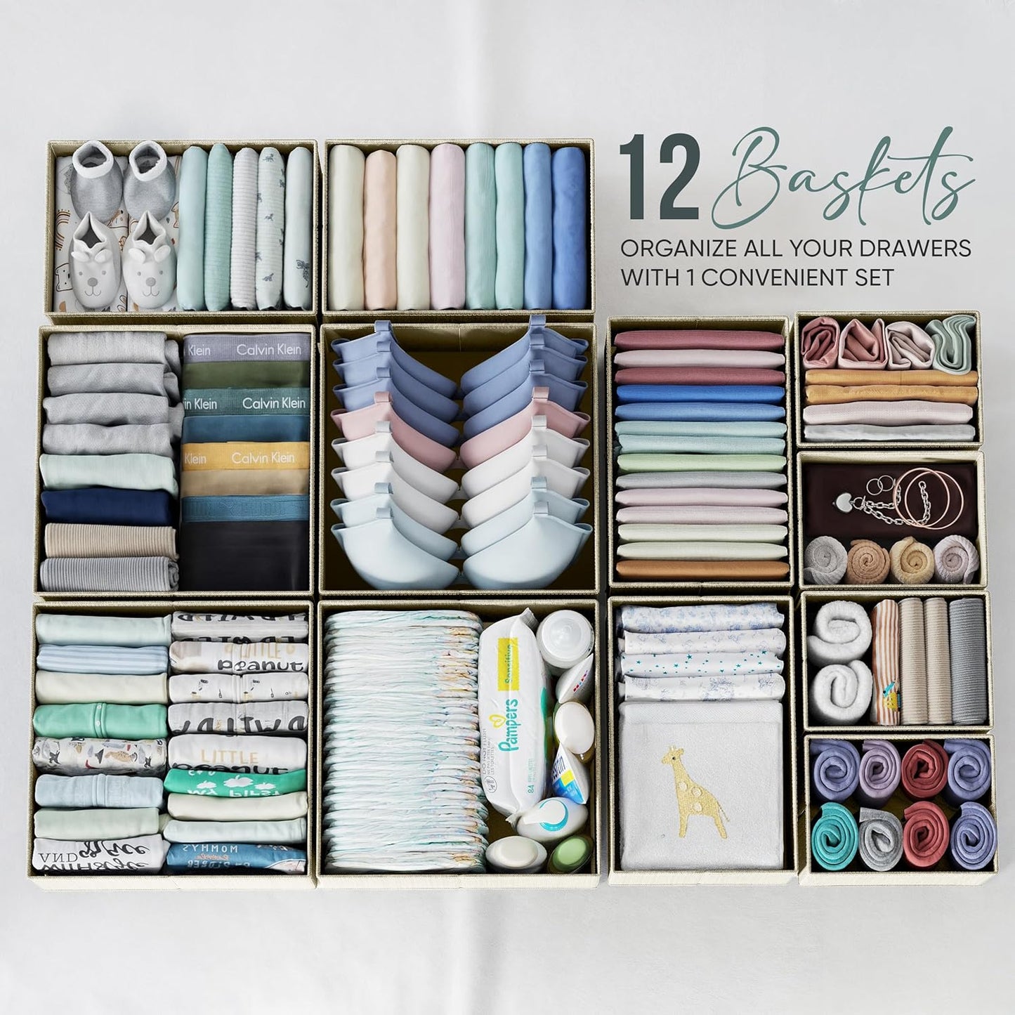 Drawer Organizer Clothes Set of 12 Grey - Dresser Organizer For Nursery, Bedroom, Closet - The Perfect Baby Clothes Organizer and Storage & General Nursery Organization or Dresser Drawer Organizers